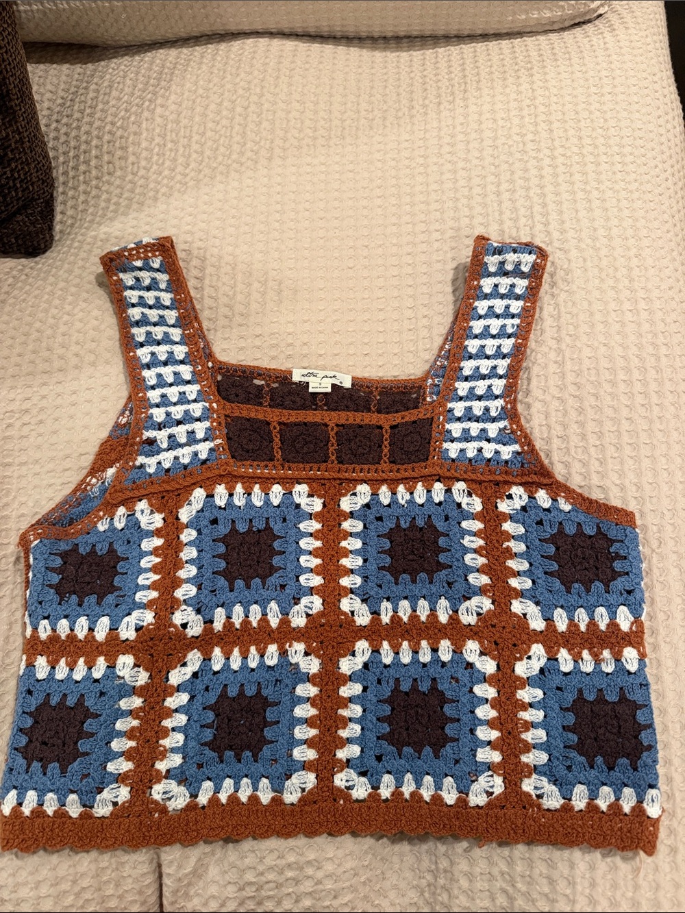 Crochet Square-Panel Tank Top in Blue, Brown & White